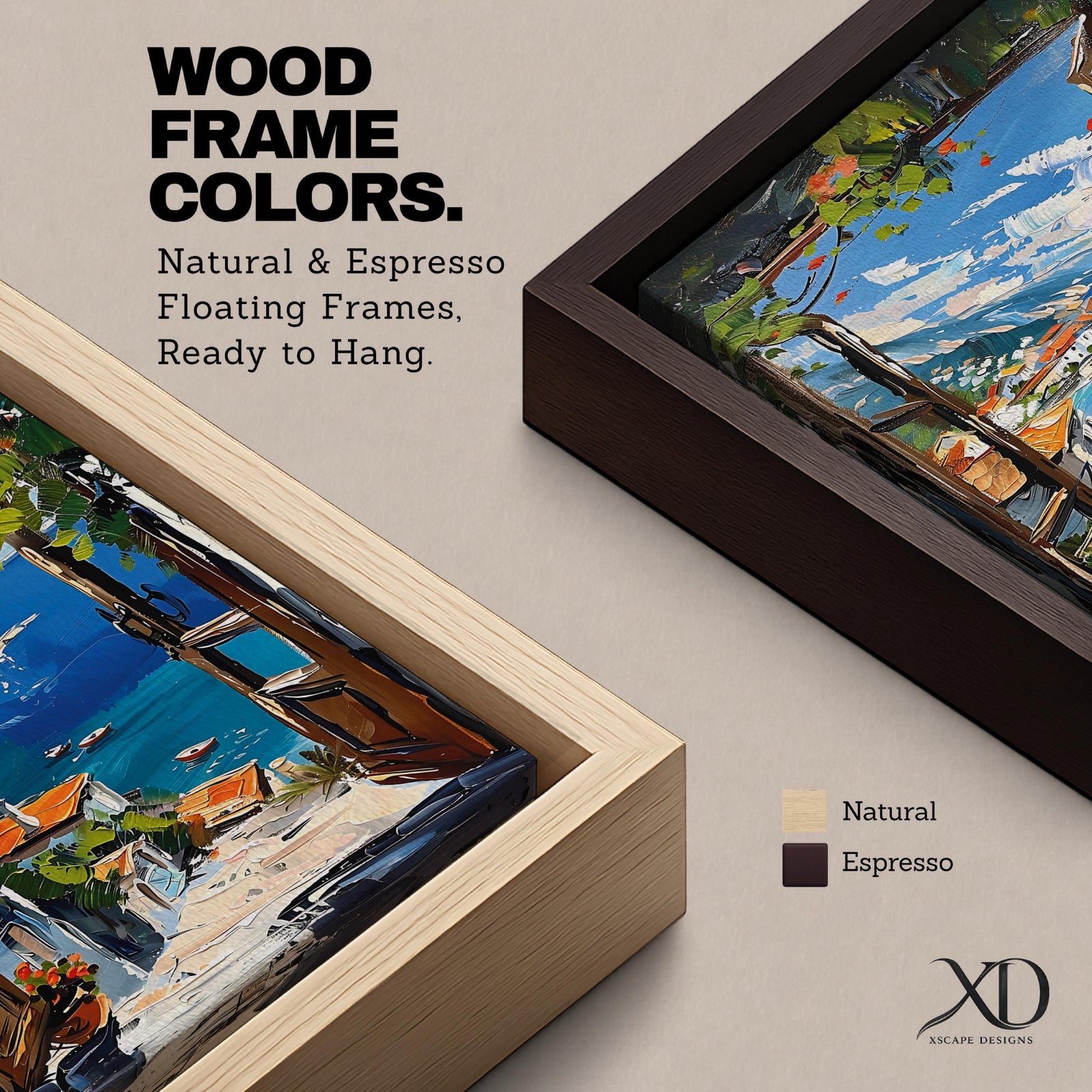 A vibrant framed canvas painting depicting a Mediterranean window opening to a coastal seaside view with terracotta rooftops, boats on deep blue ocean waters, and distant mountains under a bright sky. The artwork captures a scenic landscape with detailed brushstrokes and rich textures.