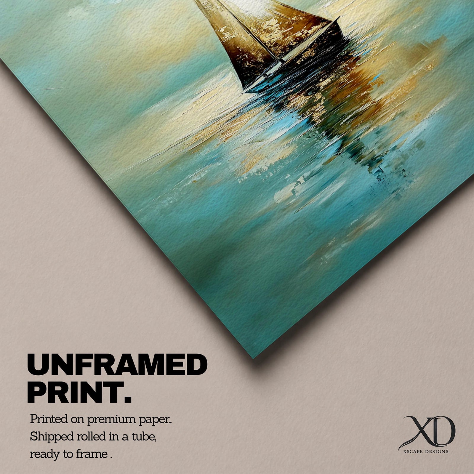 A vintage-style framed canvas painting of a sailboat on calm water with its reflection visible. The artwork features a coastal seascape with soft, blended colors and a nostalgic atmosphere, capturing the serene beauty of a sailboat gently floating on the sea.
