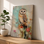 A detailed vintage-style framed canvas art print depicting a barn owl perched on a branch surrounded by wildflowers. The artwork features a rustic, naturalistic approach with soft textures and muted colors, capturing the essence of wildlife and farmhouse charm in a classic animal portrait style.