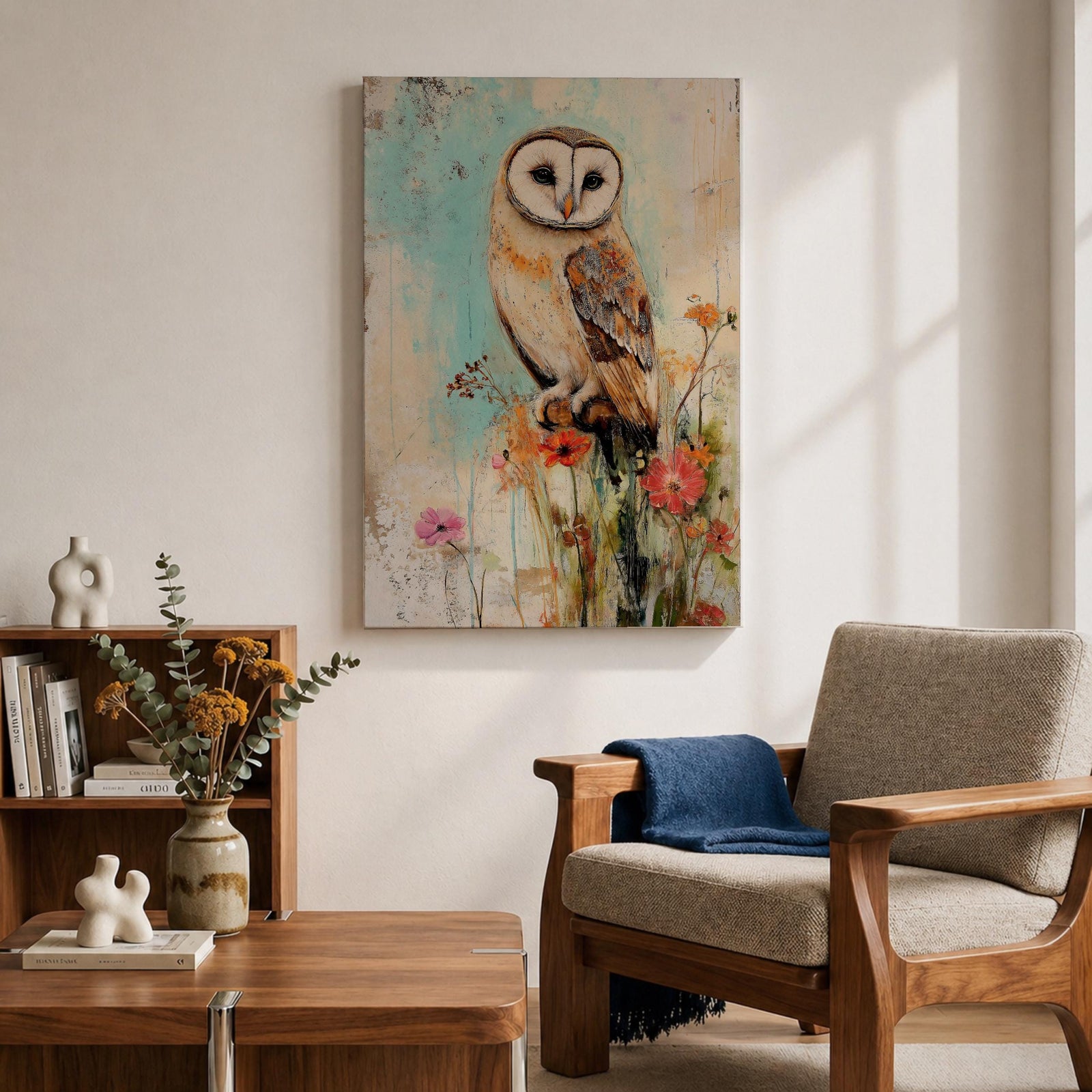 A detailed vintage-style framed canvas art print depicting a barn owl perched on a branch surrounded by wildflowers. The artwork features a rustic, naturalistic approach with soft textures and muted colors, capturing the essence of wildlife and farmhouse charm in a classic animal portrait style.