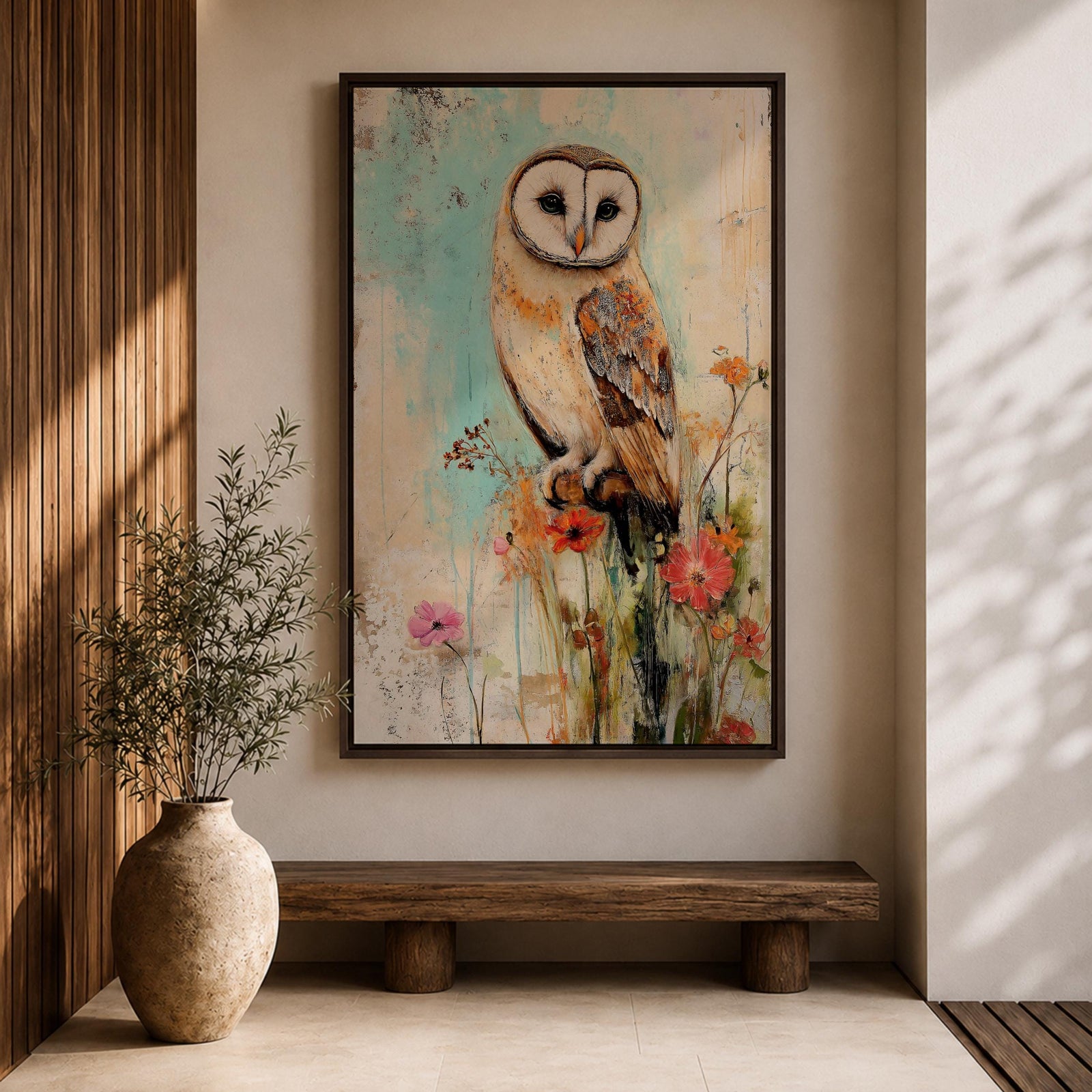 A detailed vintage-style framed canvas art print depicting a barn owl perched on a branch surrounded by wildflowers. The artwork features a rustic, naturalistic approach with soft textures and muted colors, capturing the essence of wildlife and farmhouse charm in a classic animal portrait style.