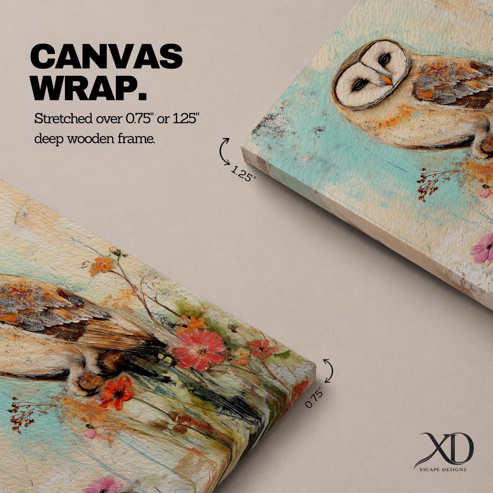 A detailed vintage-style framed canvas art print depicting a barn owl perched on a branch surrounded by wildflowers. The artwork features a rustic, naturalistic approach with soft textures and muted colors, capturing the essence of wildlife and farmhouse charm in a classic animal portrait style.