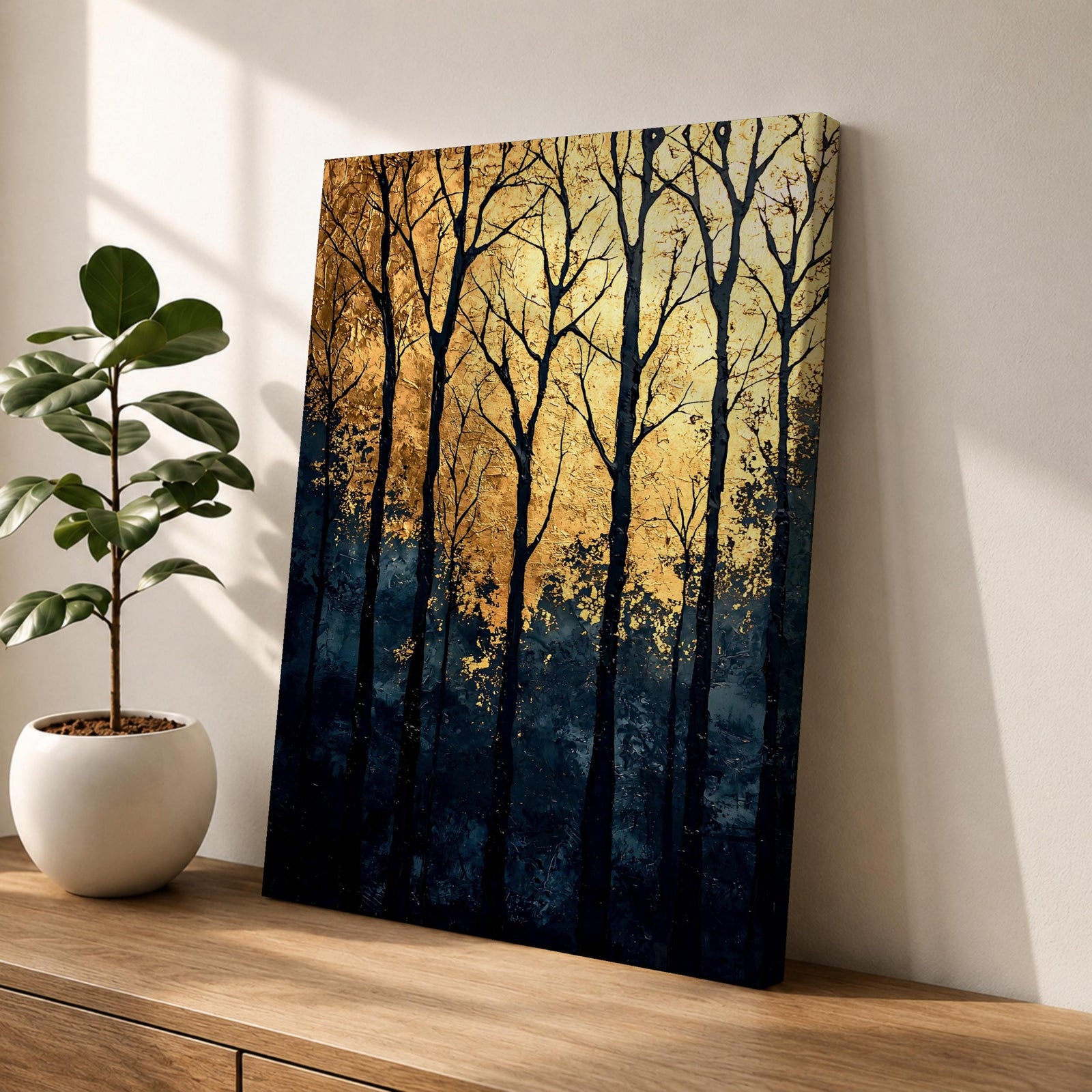 A framed vintage-style artwork depicting tall, bare trees in a forest with a textured golden background. The composition highlights the silhouette of woodland trees against a warm, aged backdrop, blending natural landscape elements with a nostalgic vintage aesthetic.