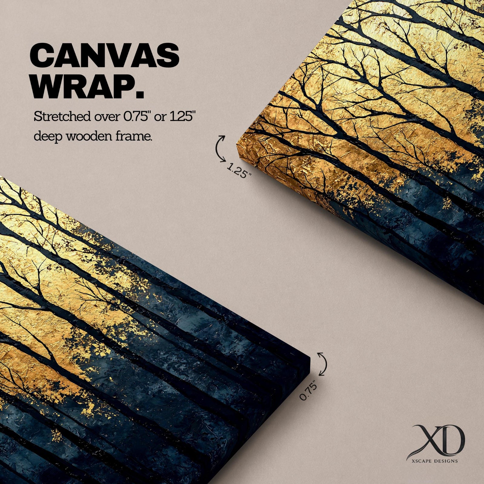 A framed vintage-style artwork depicting tall, bare trees in a forest with a textured golden background. The composition highlights the silhouette of woodland trees against a warm, aged backdrop, blending natural landscape elements with a nostalgic vintage aesthetic.
