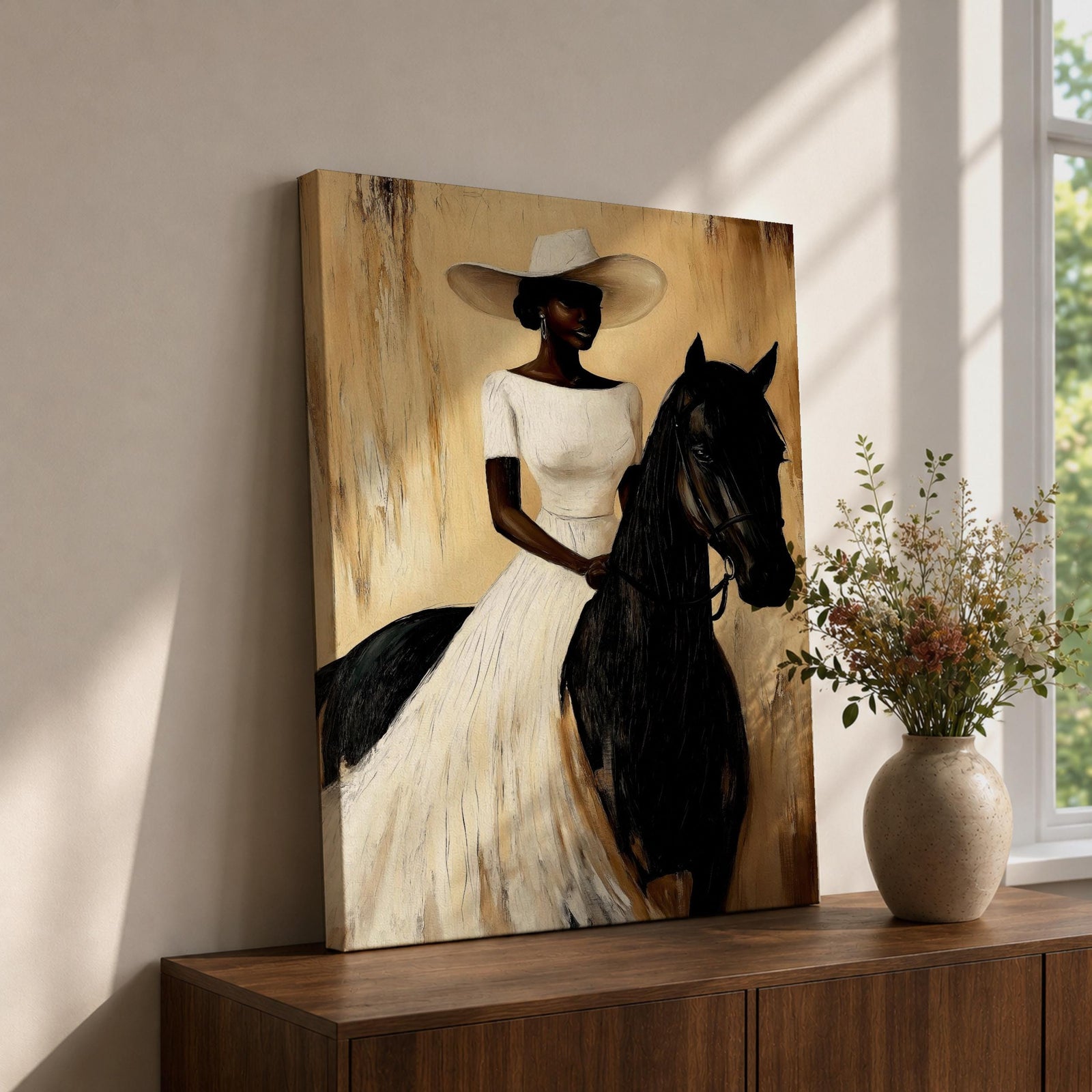 A framed painting of a woman dressed in a white dress and wide-brimmed hat riding a black horse. The artwork features a realistic style with warm beige and brown tones in the background, emphasizing the elegant posture of the rider and the horse’s strong presence.