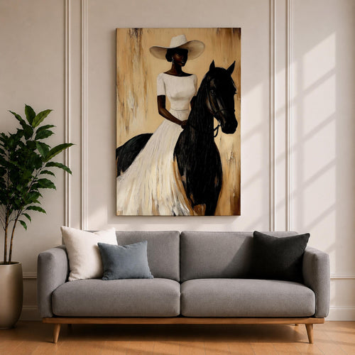 A framed painting of a woman dressed in a white dress and wide-brimmed hat riding a black horse. The artwork features a realistic style with warm beige and brown tones in the background, emphasizing the elegant posture of the rider and the horse’s strong presence.