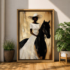 A framed painting of a woman dressed in a white dress and wide-brimmed hat riding a black horse. The artwork features a realistic style with warm beige and brown tones in the background, emphasizing the elegant posture of the rider and the horse’s strong presence.
