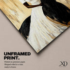 A framed painting of a woman dressed in a white dress and wide-brimmed hat riding a black horse. The artwork features a realistic style with warm beige and brown tones in the background, emphasizing the elegant posture of the rider and the horse’s strong presence.