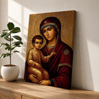 Greek Byzantine icon style illustration of the Virgin Mary holding the Christ Child in a traditional Madonna and Child composition, both figures shown with solemn expressions and golden halos, rendered with stylized lines, rich colors, and sacred symmetry inspired by classic Byzantine Christian iconography.