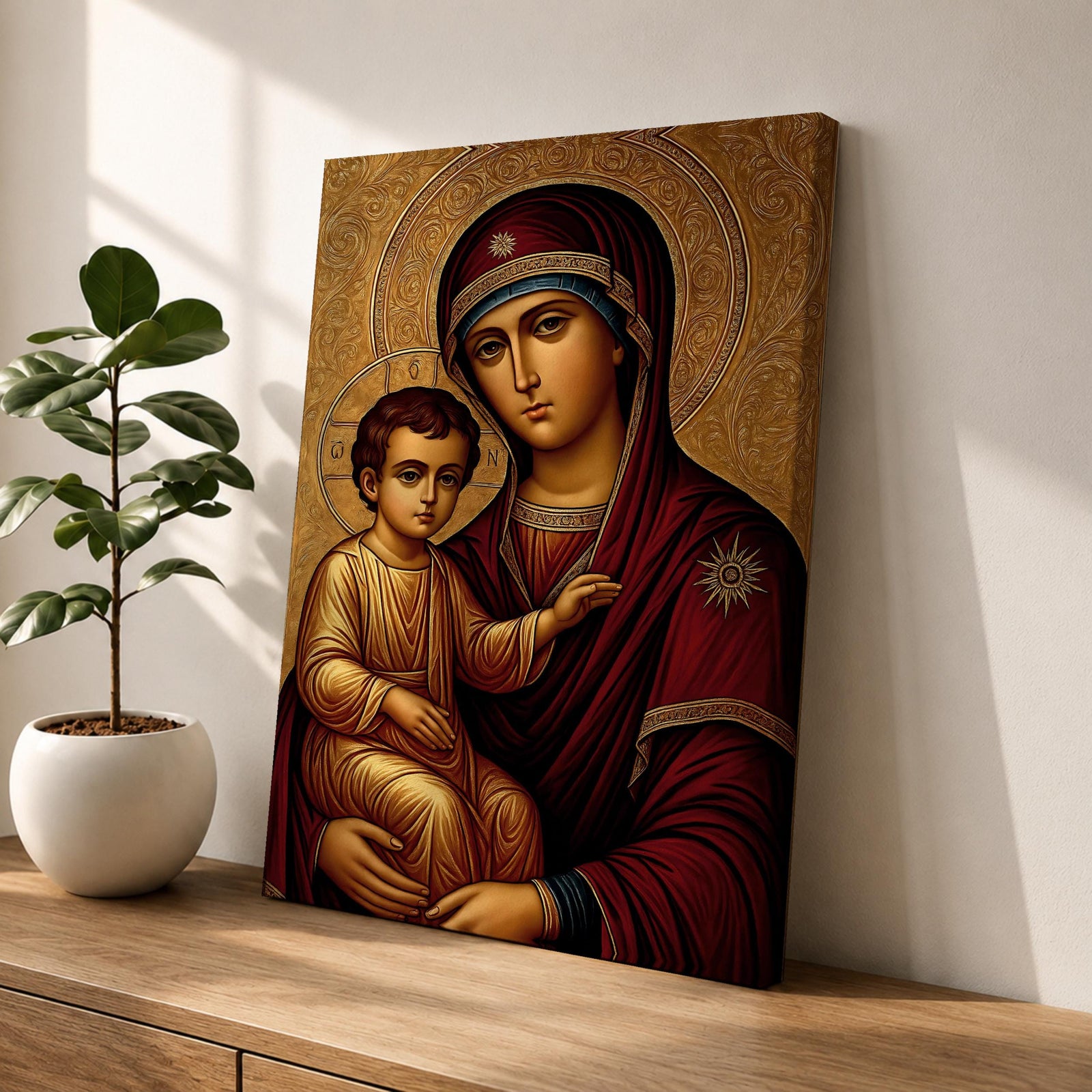 Greek Byzantine icon style illustration of the Virgin Mary holding the Christ Child in a traditional Madonna and Child composition, both figures shown with solemn expressions and golden halos, rendered with stylized lines, rich colors, and sacred symmetry inspired by classic Byzantine Christian iconography.