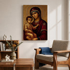 Greek Byzantine icon style illustration of the Virgin Mary holding the Christ Child in a traditional Madonna and Child composition, both figures shown with solemn expressions and golden halos, rendered with stylized lines, rich colors, and sacred symmetry inspired by classic Byzantine Christian iconography.