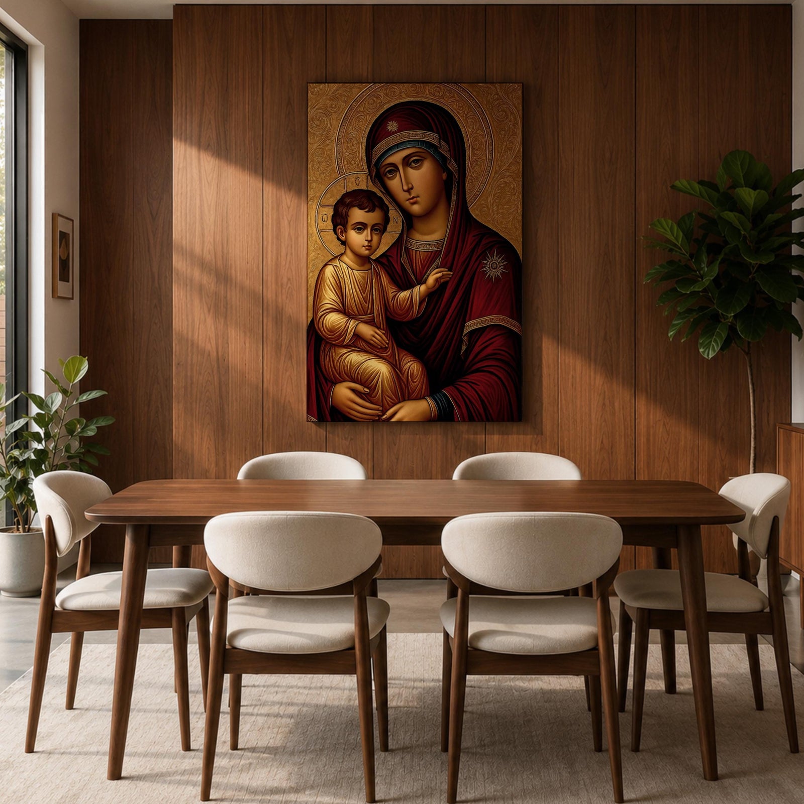 Greek Byzantine icon style illustration of the Virgin Mary holding the Christ Child in a traditional Madonna and Child composition, both figures shown with solemn expressions and golden halos, rendered with stylized lines, rich colors, and sacred symmetry inspired by classic Byzantine Christian iconography.