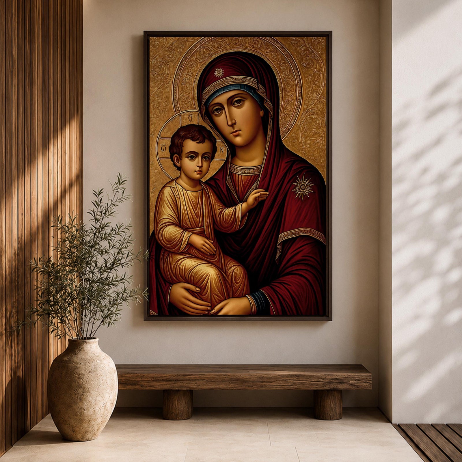 Greek Byzantine icon style illustration of the Virgin Mary holding the Christ Child in a traditional Madonna and Child composition, both figures shown with solemn expressions and golden halos, rendered with stylized lines, rich colors, and sacred symmetry inspired by classic Byzantine Christian iconography.