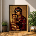 Greek Byzantine icon style illustration of the Virgin Mary holding the Christ Child in a traditional Madonna and Child composition, both figures shown with solemn expressions and golden halos, rendered with stylized lines, rich colors, and sacred symmetry inspired by classic Byzantine Christian iconography.