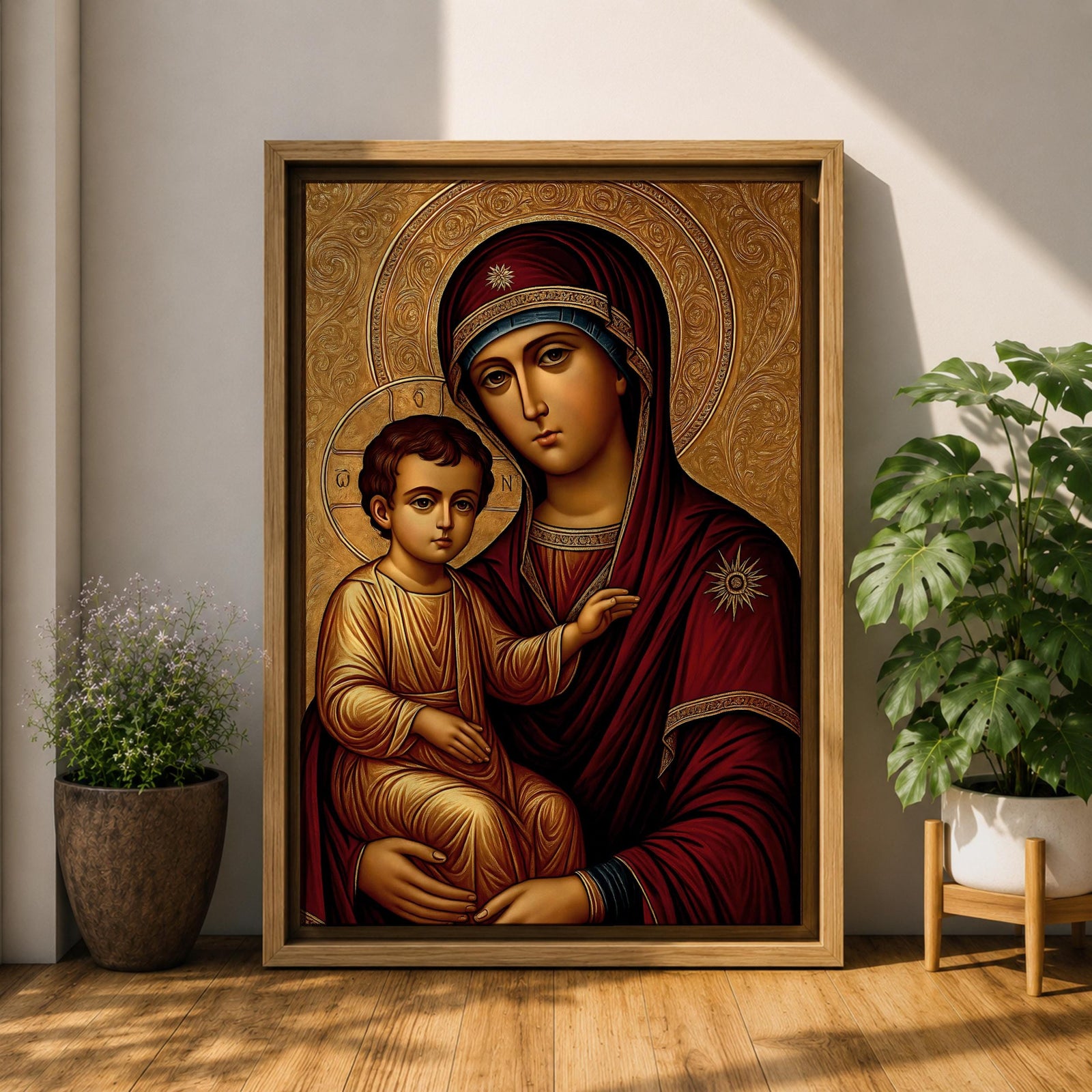 Greek Byzantine icon style illustration of the Virgin Mary holding the Christ Child in a traditional Madonna and Child composition, both figures shown with solemn expressions and golden halos, rendered with stylized lines, rich colors, and sacred symmetry inspired by classic Byzantine Christian iconography.