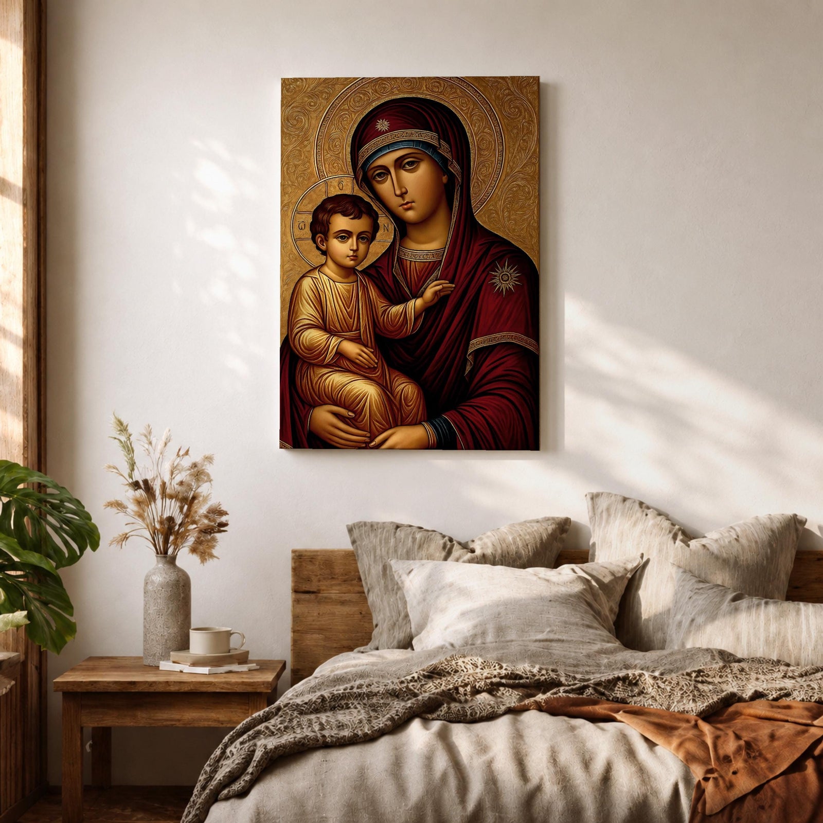 Greek Byzantine icon style illustration of the Virgin Mary holding the Christ Child in a traditional Madonna and Child composition, both figures shown with solemn expressions and golden halos, rendered with stylized lines, rich colors, and sacred symmetry inspired by classic Byzantine Christian iconography.