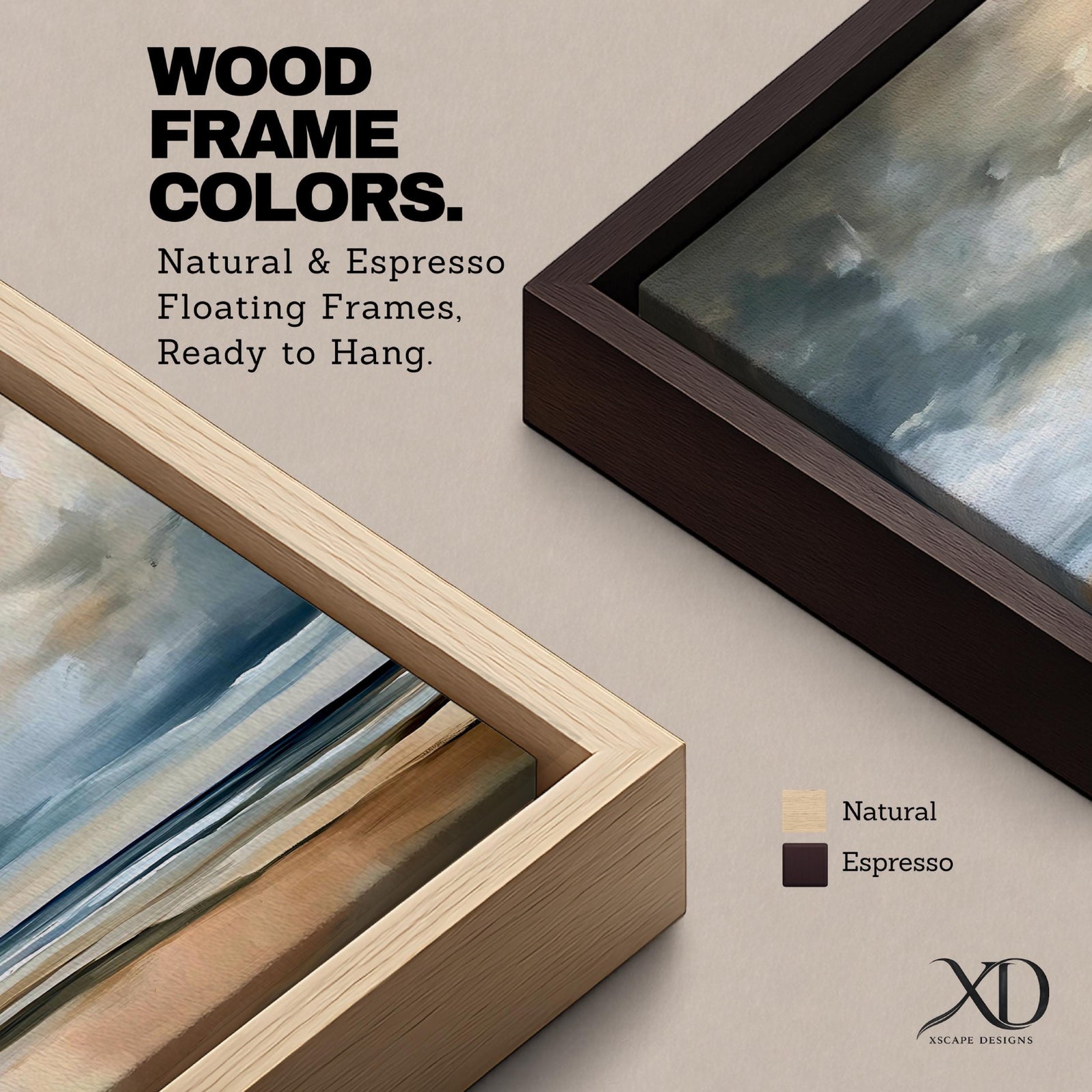 A framed canvas painting depicting a coastal seascape with a cloudy sky over a calm ocean and sandy beach. The artwork features a vintage style with soft brush strokes and muted tones, capturing the serene and expansive nature of the shoreline and sky.