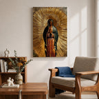 Illustration of Our Lady of Guadalupe also known as La Morenita standing with hands clasped in prayer, wearing a rose colored gown and a teal mantle covered with gold stars, surrounded by radiant golden rays and highlighted with antique gold tones, with a small angel beneath her, rendered in a devotional style inspired by Mexican Catholic iconography.