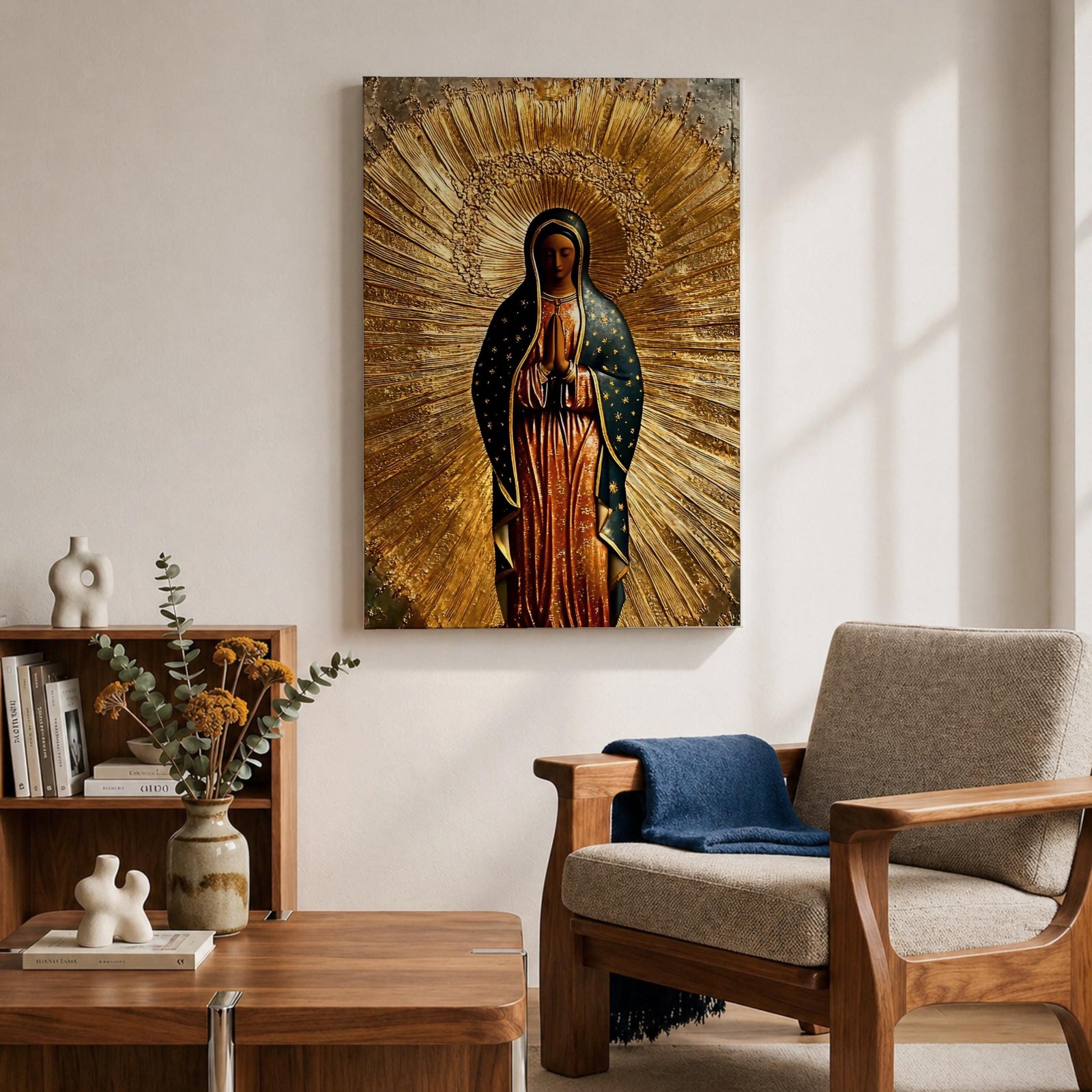 Illustration of Our Lady of Guadalupe also known as La Morenita standing with hands clasped in prayer, wearing a rose colored gown and a teal mantle covered with gold stars, surrounded by radiant golden rays and highlighted with antique gold tones, with a small angel beneath her, rendered in a devotional style inspired by Mexican Catholic iconography.