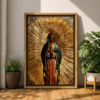 Illustration of Our Lady of Guadalupe also known as La Morenita standing with hands clasped in prayer, wearing a rose colored gown and a teal mantle covered with gold stars, surrounded by radiant golden rays and highlighted with antique gold tones, with a small angel beneath her, rendered in a devotional style inspired by Mexican Catholic iconography.