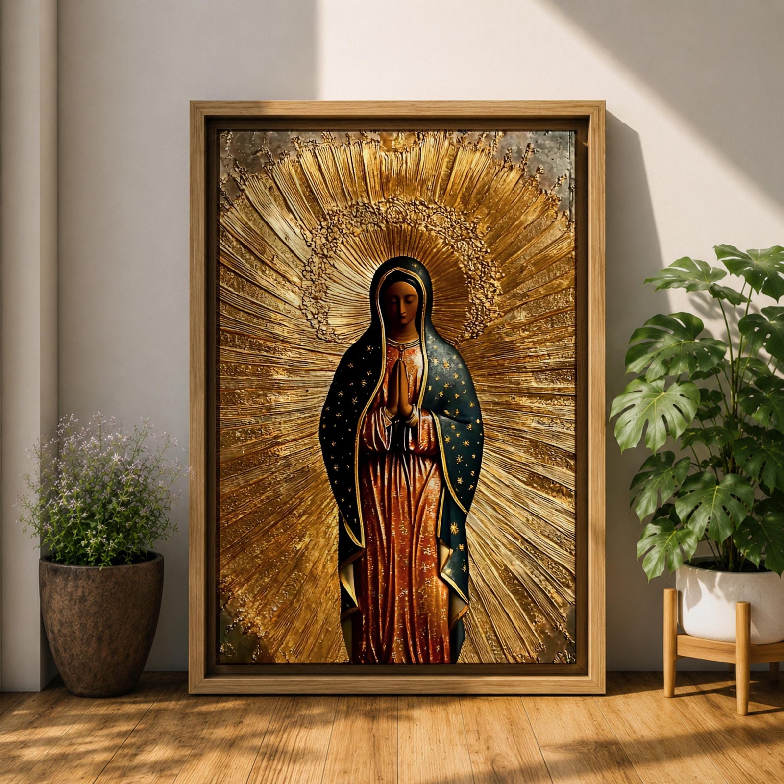 Illustration of Our Lady of Guadalupe also known as La Morenita standing with hands clasped in prayer, wearing a rose colored gown and a teal mantle covered with gold stars, surrounded by radiant golden rays and highlighted with antique gold tones, with a small angel beneath her, rendered in a devotional style inspired by Mexican Catholic iconography.