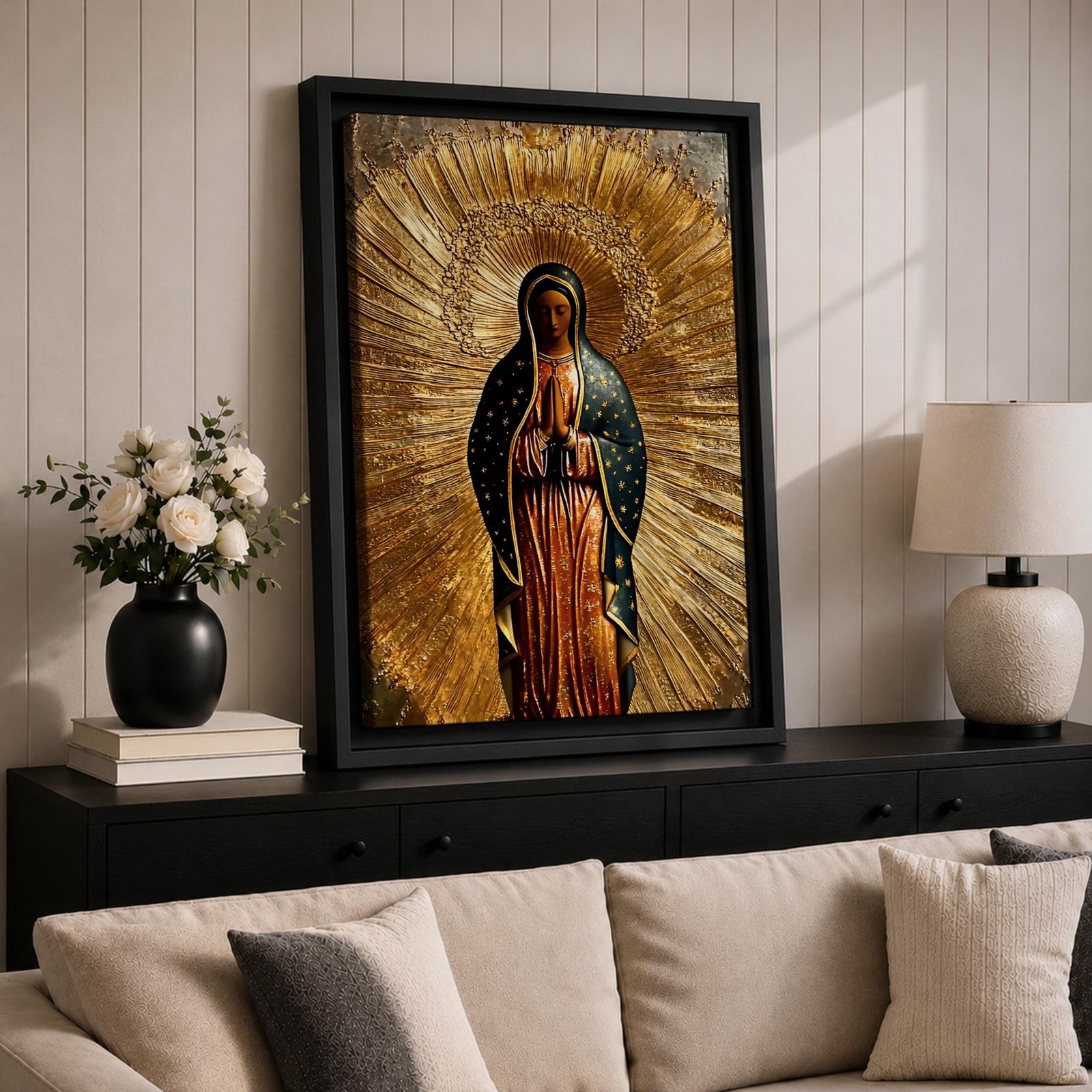 Illustration of Our Lady of Guadalupe also known as La Morenita standing with hands clasped in prayer, wearing a rose colored gown and a teal mantle covered with gold stars, surrounded by radiant golden rays and highlighted with antique gold tones, with a small angel beneath her, rendered in a devotional style inspired by Mexican Catholic iconography.