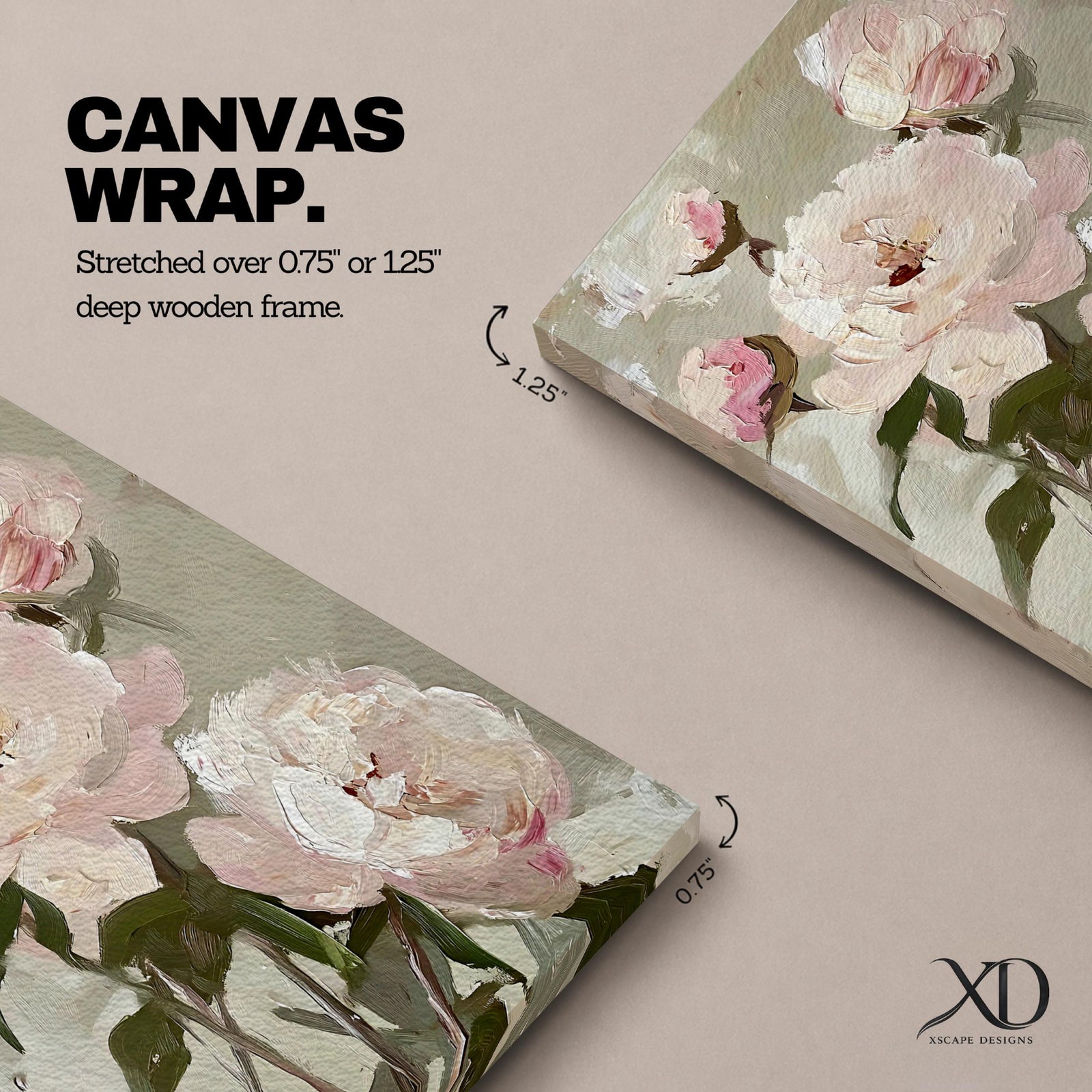 A framed canvas painting of peony flowers rendered in a vintage style with soft, textured brush strokes. The artwork features blooming and budding peonies with green leaves on a muted background, capturing a botanical floral theme with a cottagecore aesthetic.