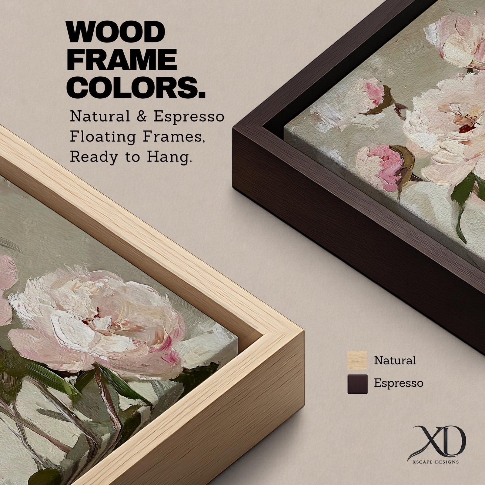 A framed canvas painting of peony flowers rendered in a vintage style with soft, textured brush strokes. The artwork features blooming and budding peonies with green leaves on a muted background, capturing a botanical floral theme with a cottagecore aesthetic.