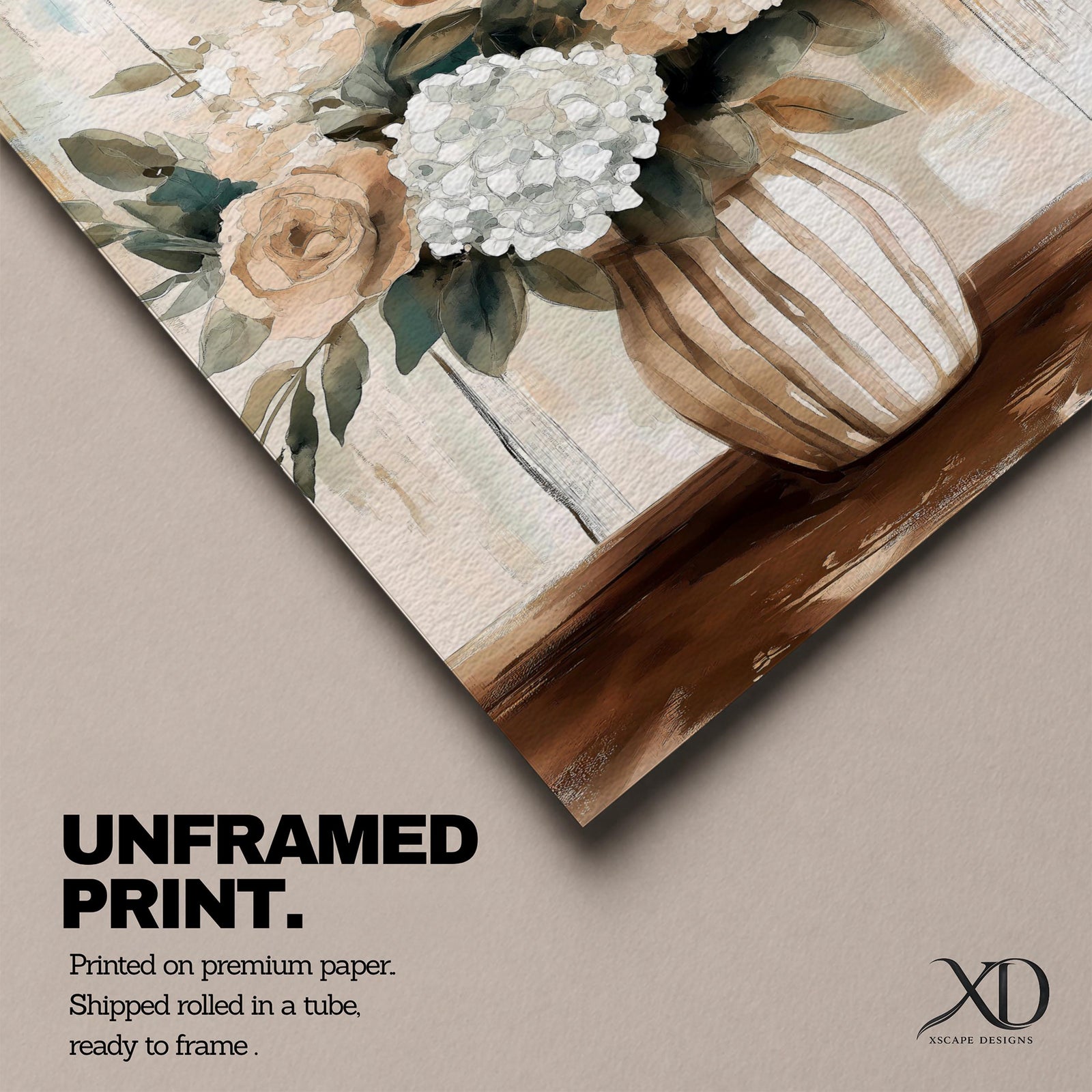 A framed canvas painting of a floral vase featuring a bouquet of roses and hydrangeas with green leaves, rendered in a soft, natural style with muted tones. The artwork emphasizes botanical elements in a rustic decor theme, focusing on detailed flower shapes and natural textures.