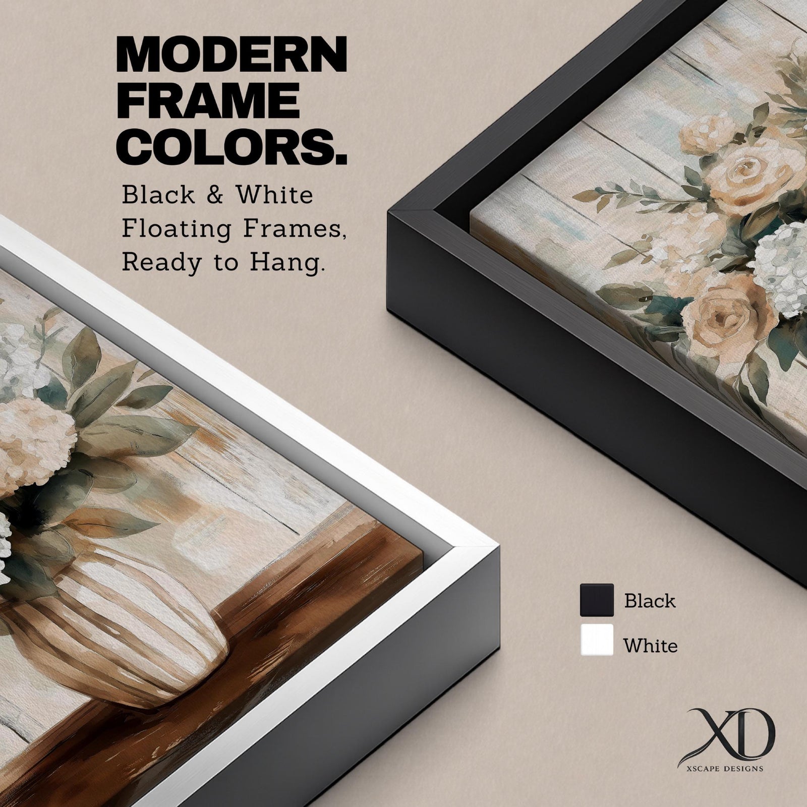 A framed canvas painting of a floral vase featuring a bouquet of roses and hydrangeas with green leaves, rendered in a soft, natural style with muted tones. The artwork emphasizes botanical elements in a rustic decor theme, focusing on detailed flower shapes and natural textures.