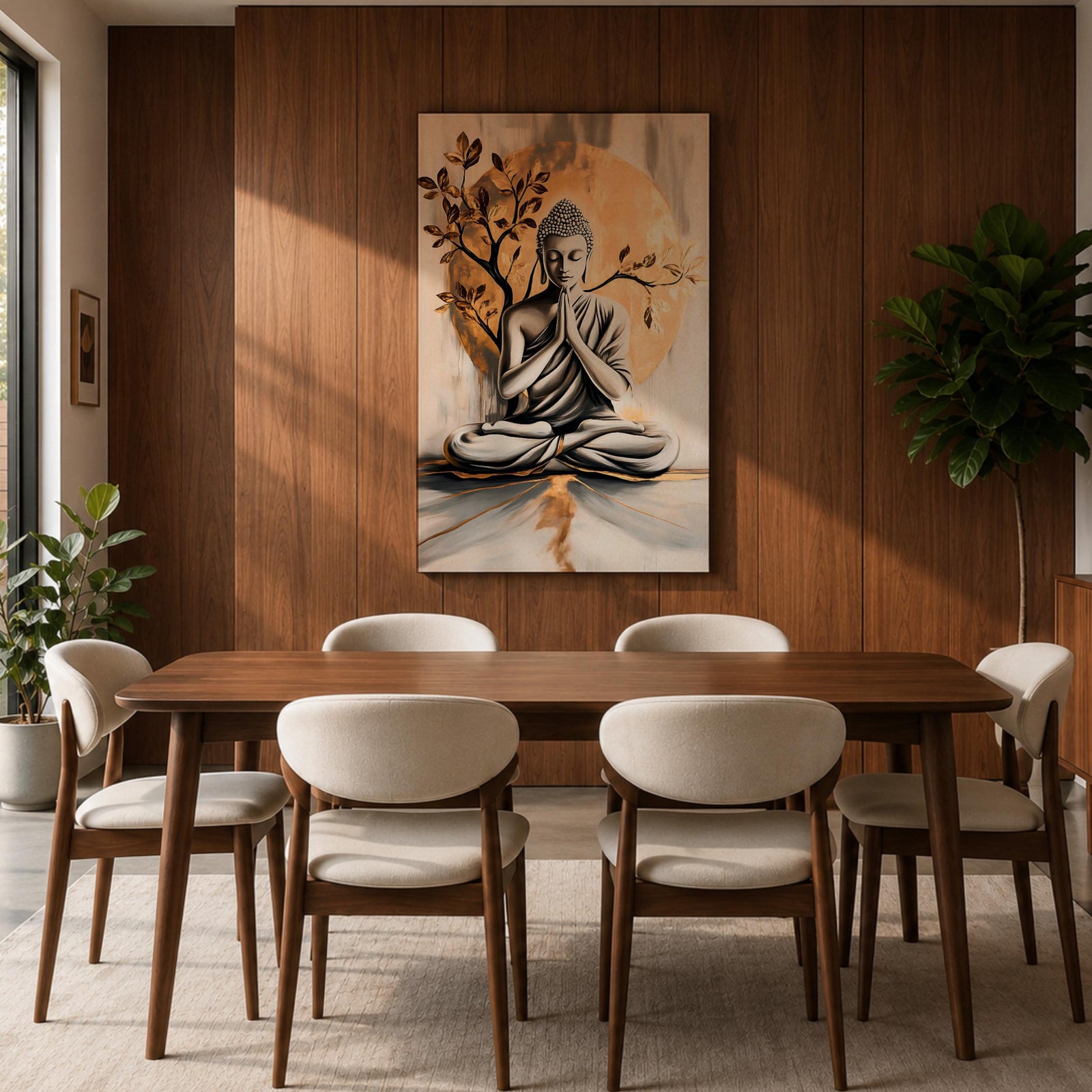 A framed canvas artwork depicting Buddha seated in meditation with hands in prayer position, set against a large golden circular background and stylized tree branches. The image is rendered in a realistic style with soft shading and a serene expression, emphasizing calm and mindfulness.