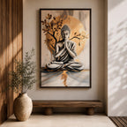 A framed canvas artwork depicting Buddha seated in meditation with hands in prayer position, set against a large golden circular background and stylized tree branches. The image is rendered in a realistic style with soft shading and a serene expression, emphasizing calm and mindfulness.
