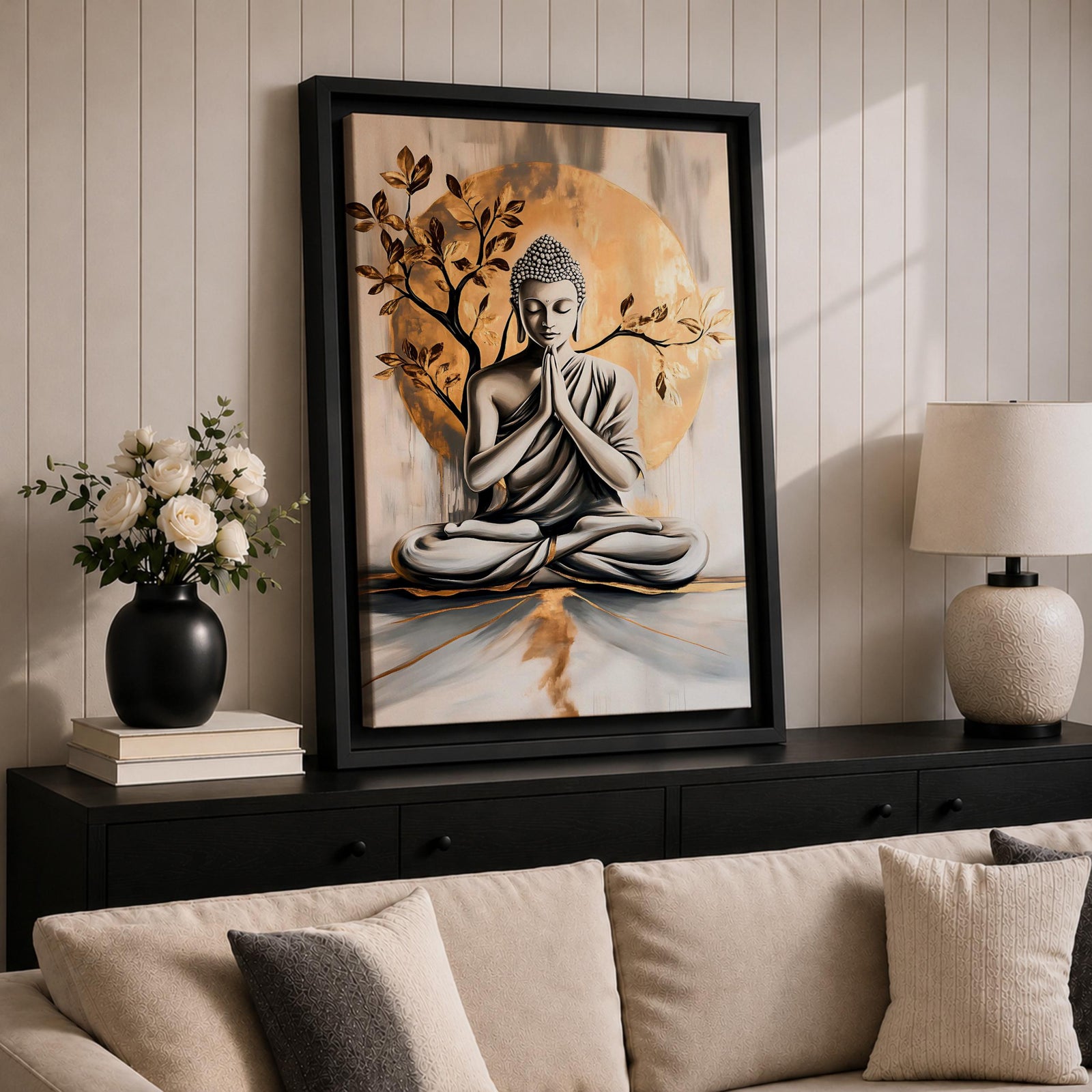 A framed canvas artwork depicting Buddha seated in meditation with hands in prayer position, set against a large golden circular background and stylized tree branches. The image is rendered in a realistic style with soft shading and a serene expression, emphasizing calm and mindfulness.