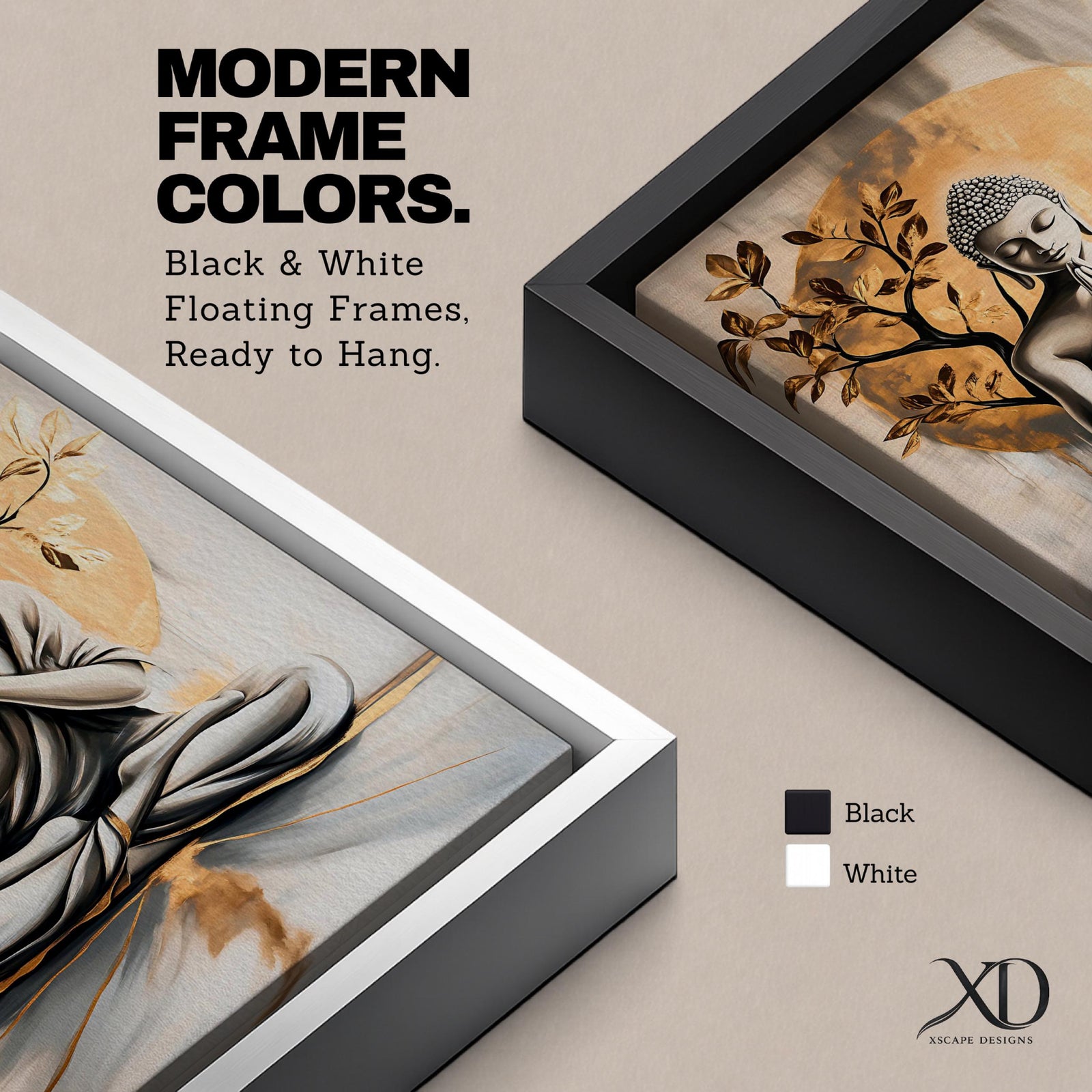 A framed canvas artwork depicting Buddha seated in meditation with hands in prayer position, set against a large golden circular background and stylized tree branches. The image is rendered in a realistic style with soft shading and a serene expression, emphasizing calm and mindfulness.
