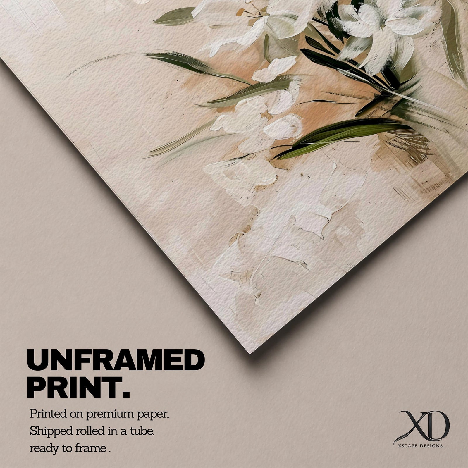 A framed watercolor painting of white lilies arranged in a vase, featuring soft brush strokes and delicate green leaves. The floral composition highlights the natural elegance of Easter lilies with a botanical and cottagecore aesthetic.