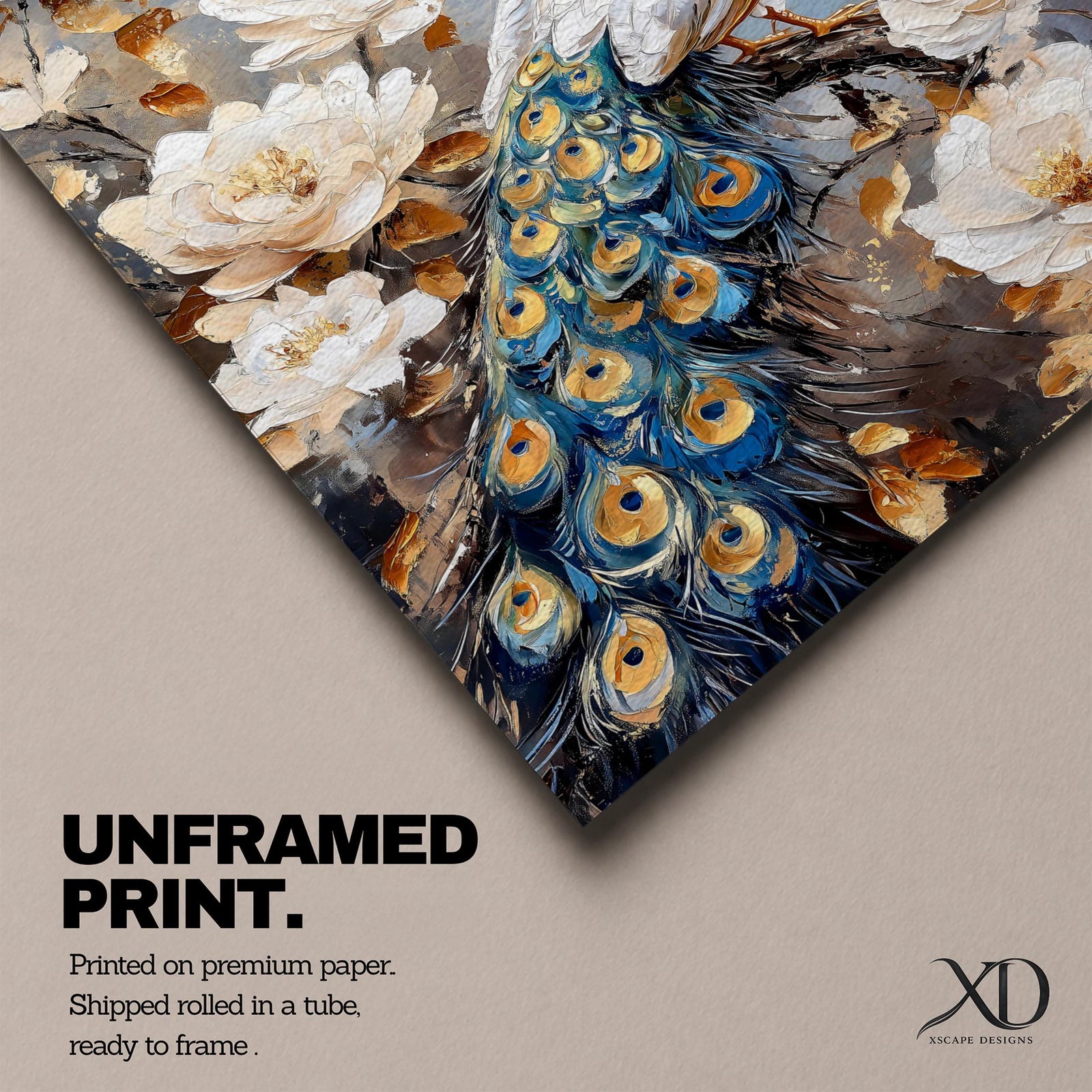 A detailed vintage-style framed canvas painting of a white peacock perched on a branch surrounded by large white flowers and golden leaves. The artwork features textured brushstrokes and a naturalistic animal subject with a botanical theme, emphasizing the intricate feathers and floral elements.