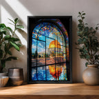 Masjid Al-Aqsa wall art featuring the golden Dome of the Rock in Jerusalem viewed through a colorful stained glass window. Islamic artwork capturing the vibrant mosaic-style window and the sacred mosque reflected on the floor in framed canvas decor.