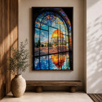 Masjid Al-Aqsa wall art featuring the golden Dome of the Rock in Jerusalem viewed through a colorful stained glass window. Islamic artwork capturing the vibrant mosaic-style window and the sacred mosque reflected on the floor in framed canvas decor.