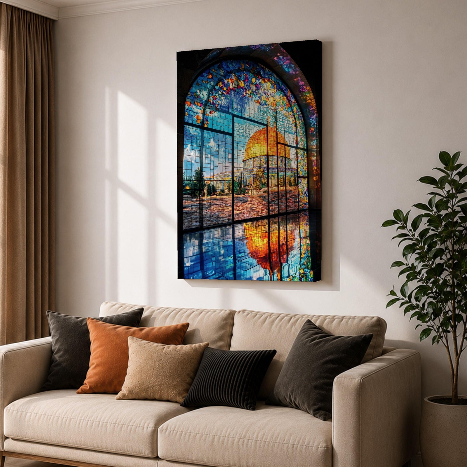 Masjid Al-Aqsa wall art featuring the golden Dome of the Rock in Jerusalem viewed through a colorful stained glass window. Islamic artwork capturing the vibrant mosaic-style window and the sacred mosque reflected on the floor in framed canvas decor.