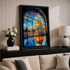 Masjid Al-Aqsa wall art featuring the golden Dome of the Rock in Jerusalem viewed through a colorful stained glass window. Islamic artwork capturing the vibrant mosaic-style window and the sacred mosque reflected on the floor in framed canvas decor.