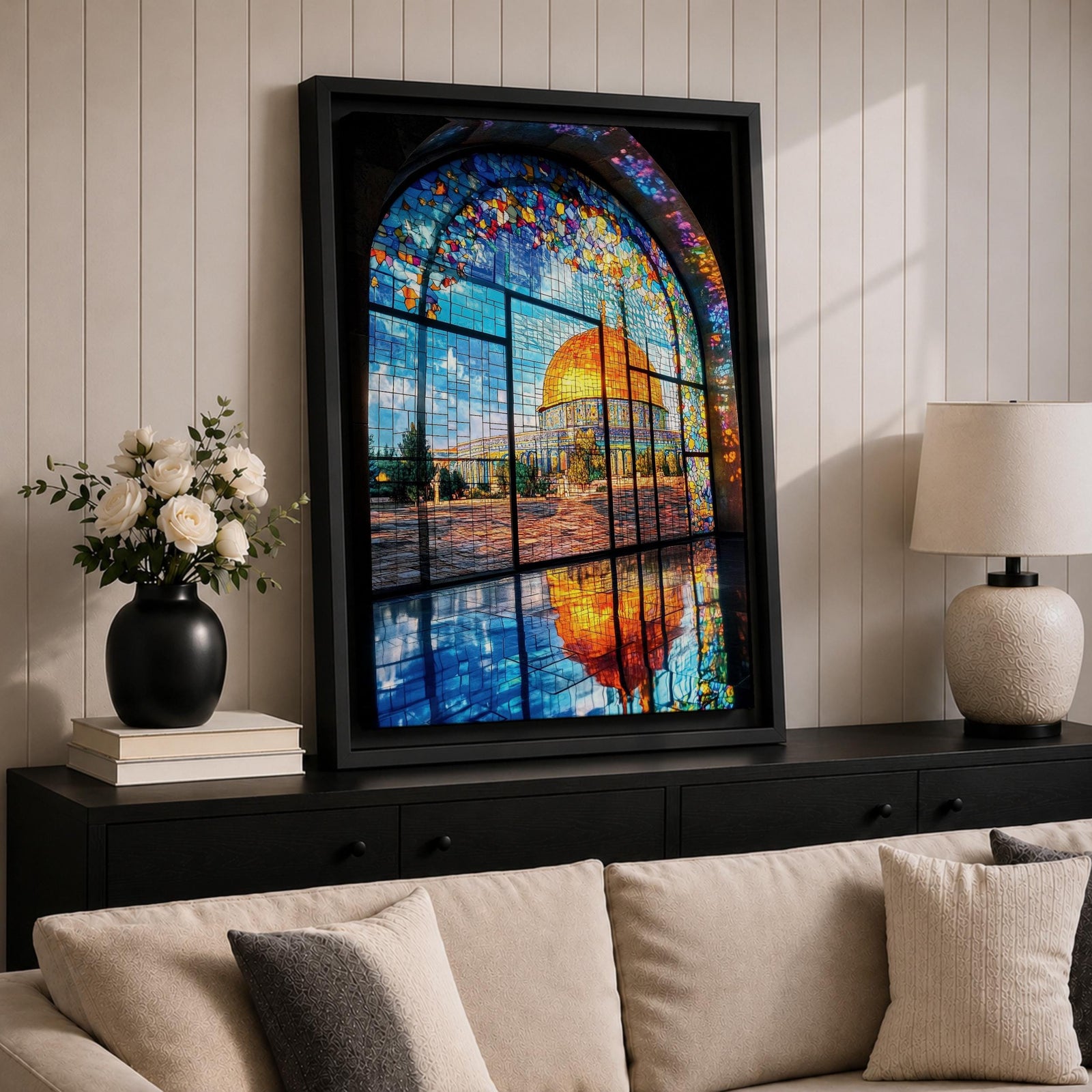 Masjid Al-Aqsa wall art featuring the golden Dome of the Rock in Jerusalem viewed through a colorful stained glass window. Islamic artwork capturing the vibrant mosaic-style window and the sacred mosque reflected on the floor in framed canvas decor.