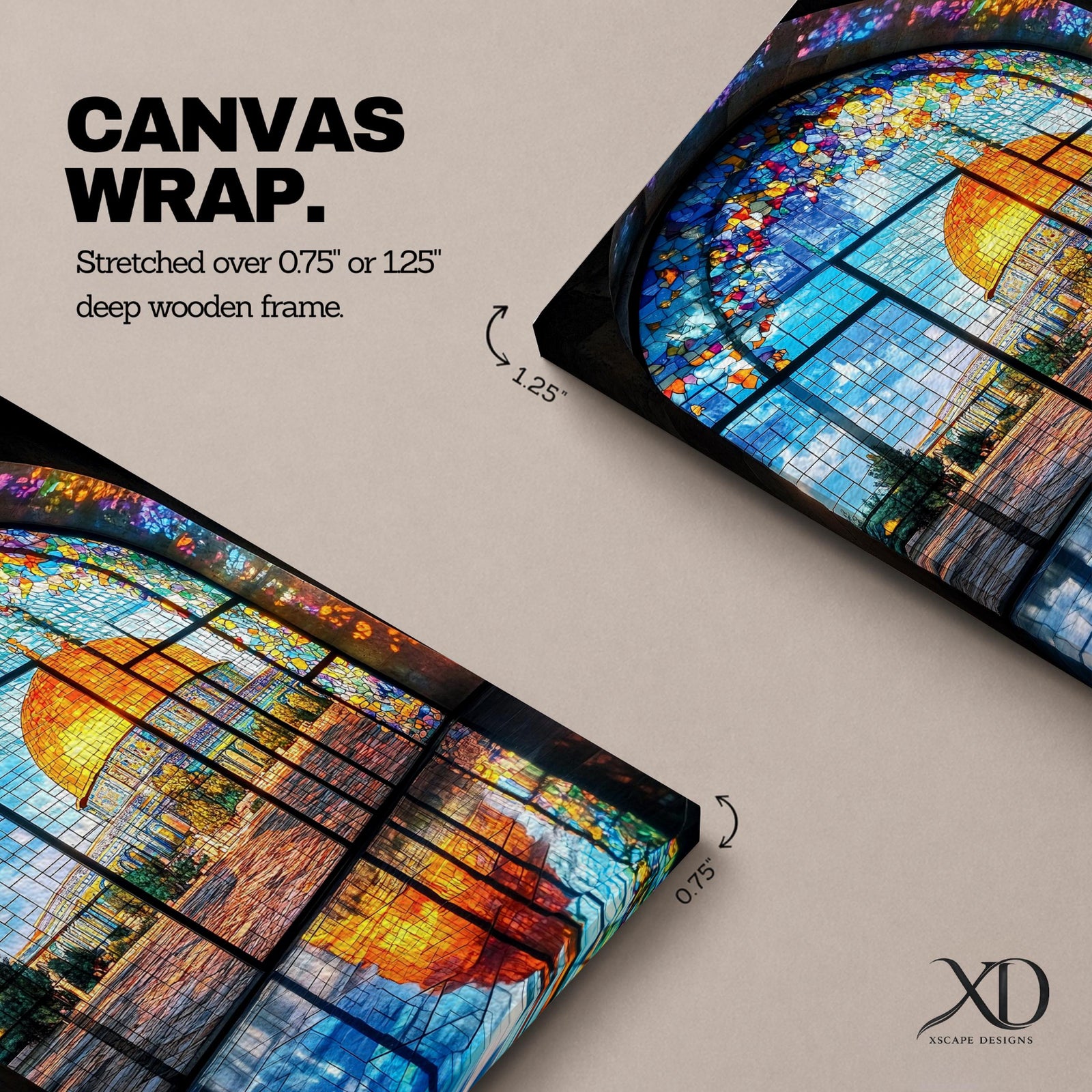 Masjid Al-Aqsa wall art featuring the golden Dome of the Rock in Jerusalem viewed through a colorful stained glass window. Islamic artwork capturing the vibrant mosaic-style window and the sacred mosque reflected on the floor in framed canvas decor.