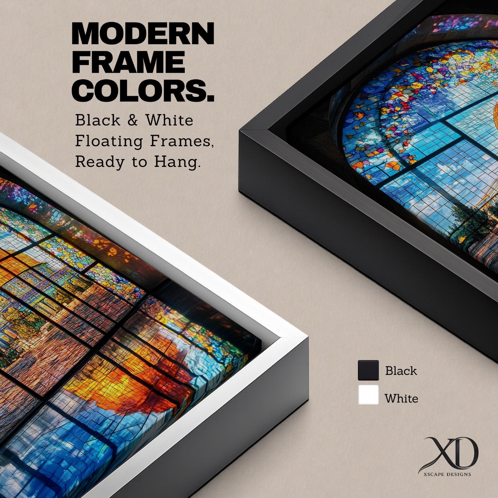 Masjid Al-Aqsa wall art featuring the golden Dome of the Rock in Jerusalem viewed through a colorful stained glass window. Islamic artwork capturing the vibrant mosaic-style window and the sacred mosque reflected on the floor in framed canvas decor.