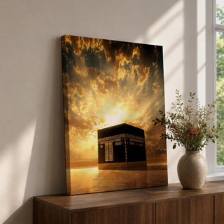 The Kaaba at Masjid Al Haram in Mecca stands beneath a radiant golden sky with sunlight bursting through dramatic clouds, illuminating the sacred black cube and creating a powerful spiritual atmosphere around the holy mosque.