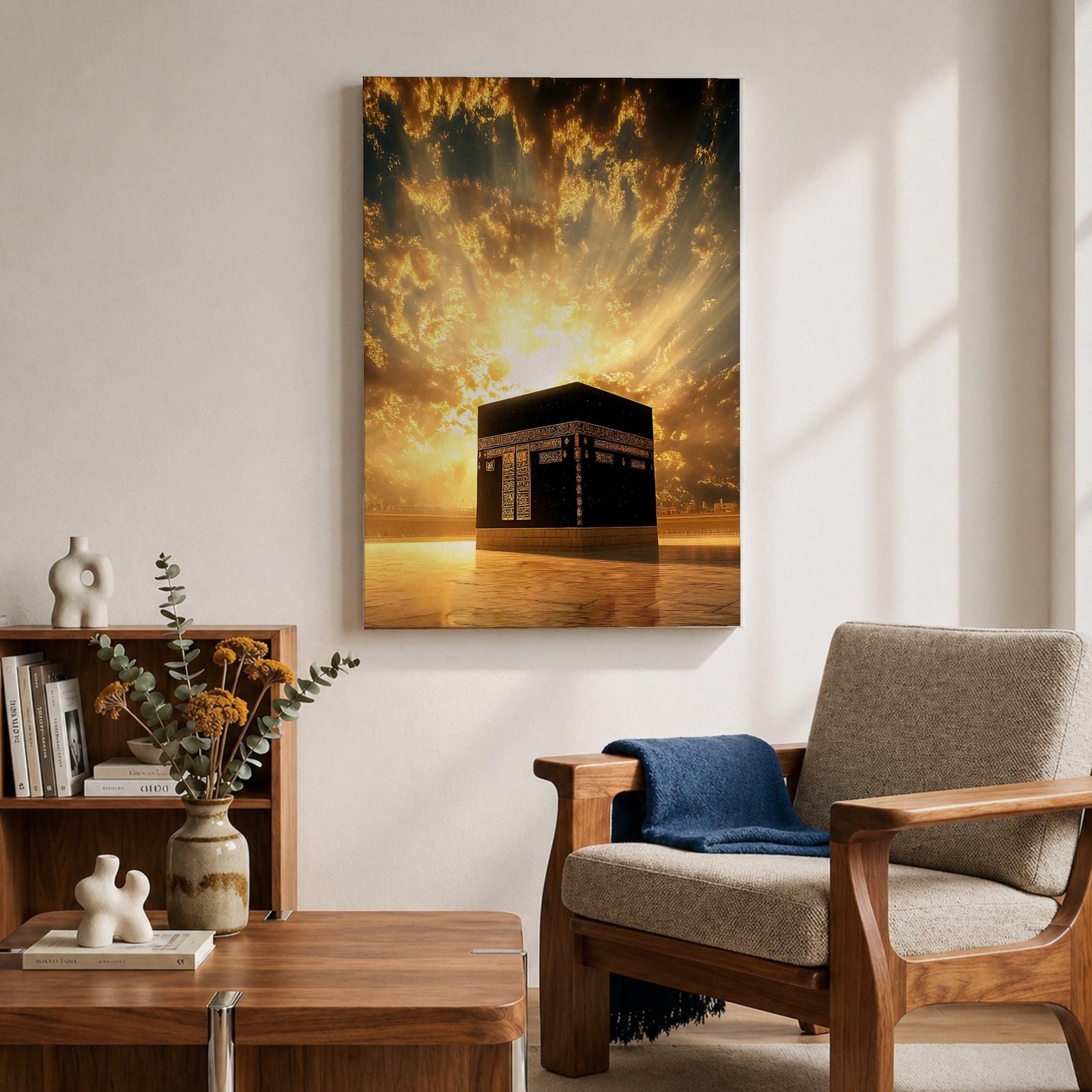 The Kaaba at Masjid Al Haram in Mecca stands beneath a radiant golden sky with sunlight bursting through dramatic clouds, illuminating the sacred black cube and creating a powerful spiritual atmosphere around the holy mosque.