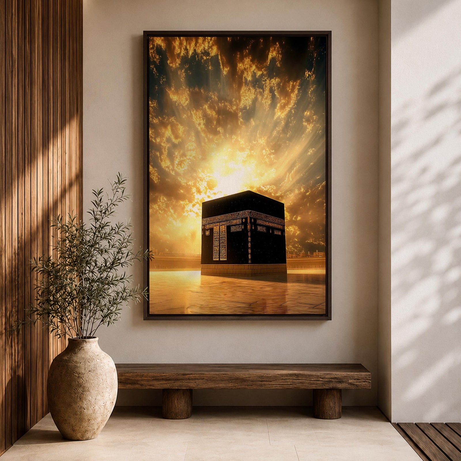 The Kaaba at Masjid Al Haram in Mecca stands beneath a radiant golden sky with sunlight bursting through dramatic clouds, illuminating the sacred black cube and creating a powerful spiritual atmosphere around the holy mosque.