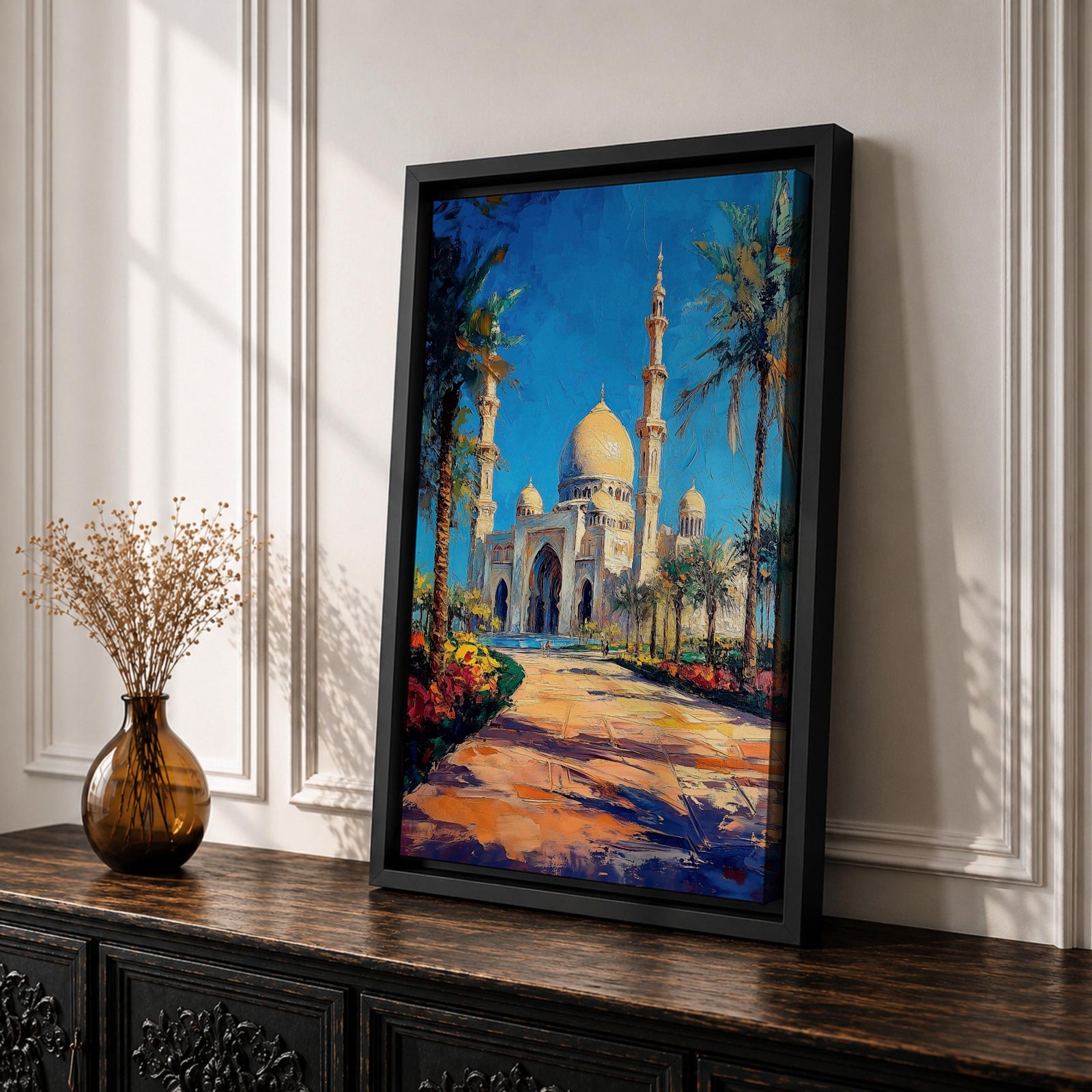 Textured painting of the Sheikh Zayed Grand Mosque in Abu Dhabi featuring glowing golden domes, tall white minarets, palm trees, and a sunlit pathway leading toward the grand entrance beneath a vibrant blue sky.