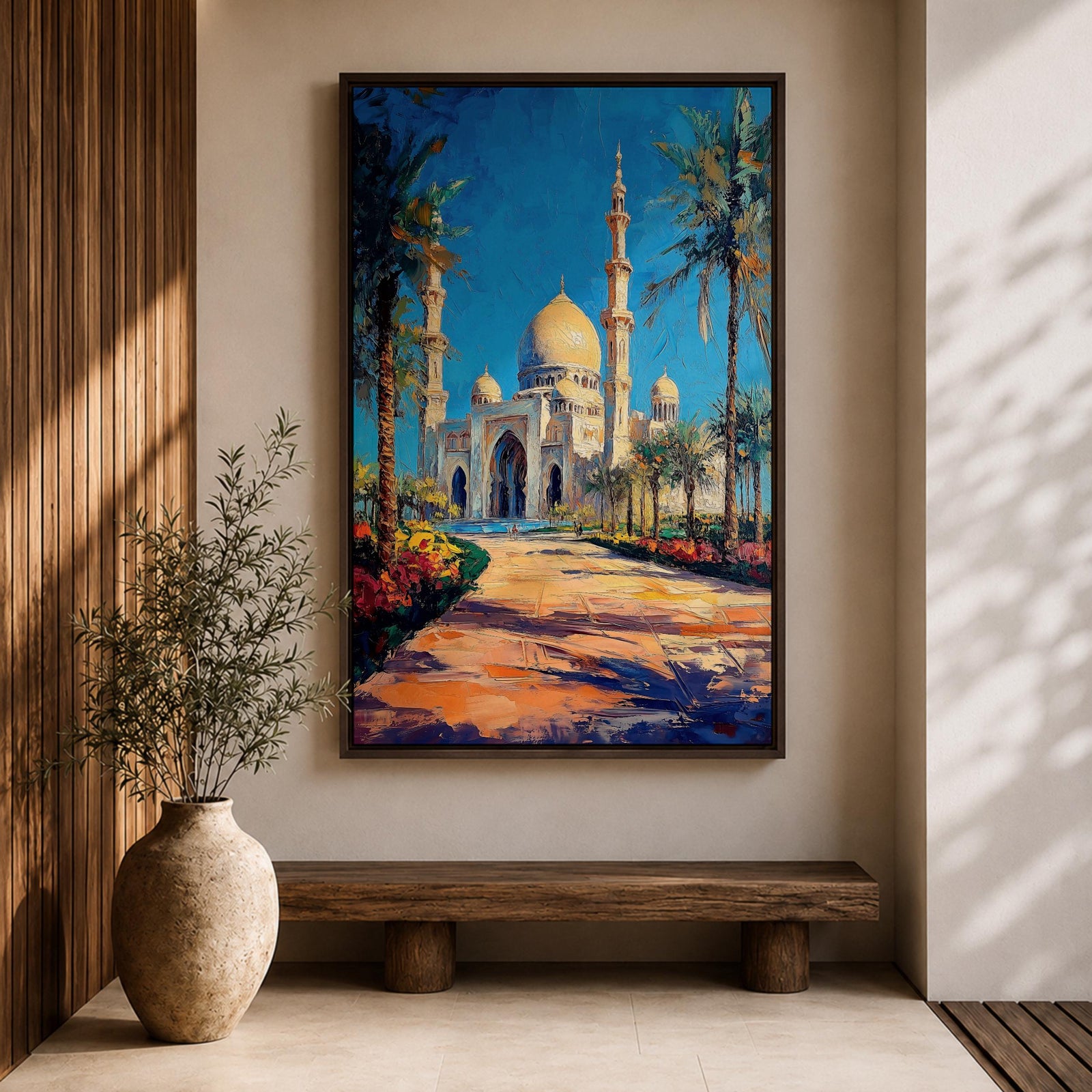 Textured painting of the Sheikh Zayed Grand Mosque in Abu Dhabi featuring glowing golden domes, tall white minarets, palm trees, and a sunlit pathway leading toward the grand entrance beneath a vibrant blue sky.