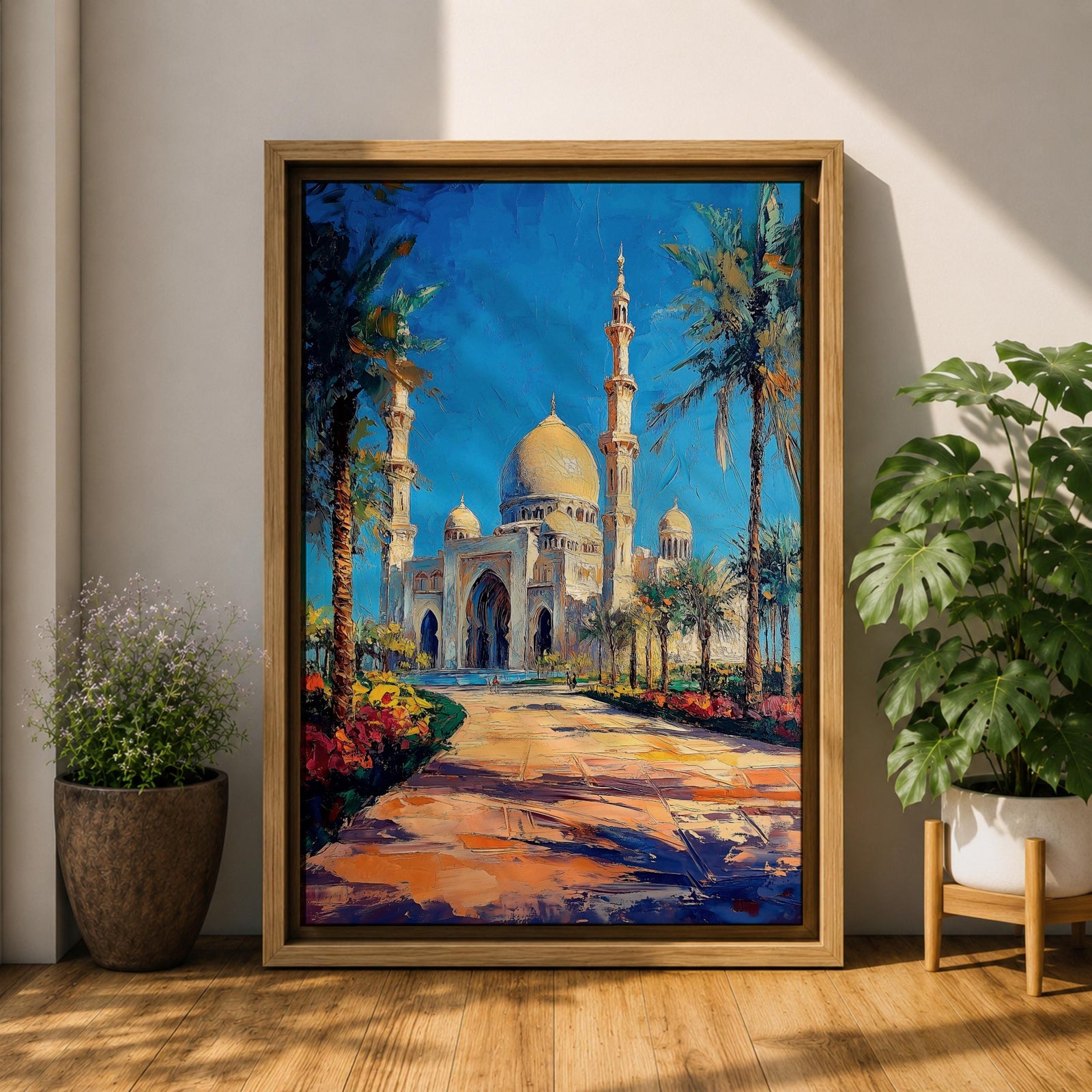 Textured painting of the Sheikh Zayed Grand Mosque in Abu Dhabi featuring glowing golden domes, tall white minarets, palm trees, and a sunlit pathway leading toward the grand entrance beneath a vibrant blue sky.
