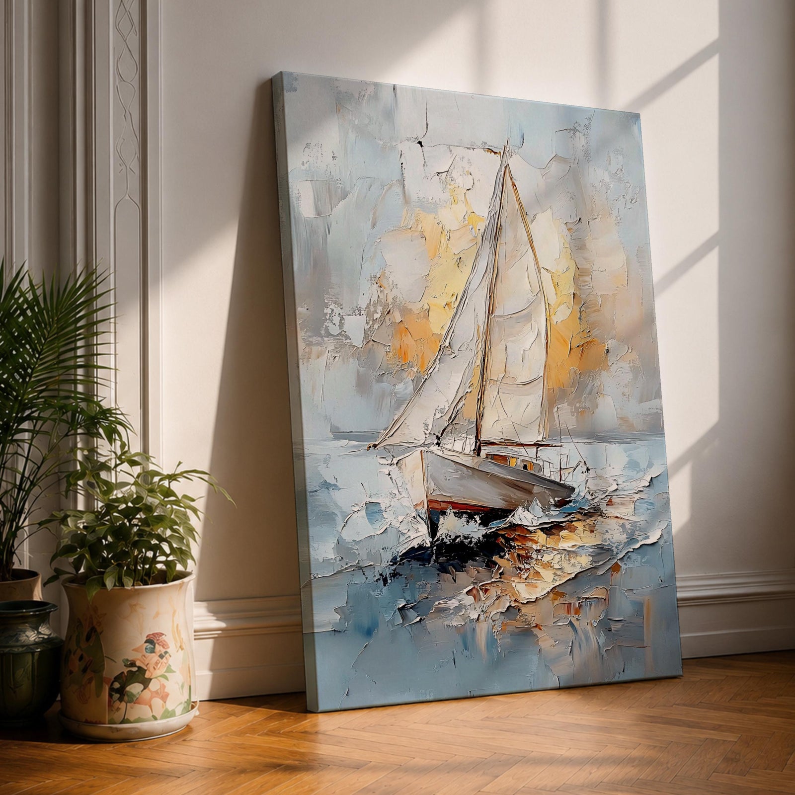 This artwork depicts a vintage-style sailboat with full sails navigating ocean waters. The textured impasto technique creates a dynamic seascape with waves and a glowing sky, emphasizing the classic nautical theme and the peaceful yet adventurous spirit of sailing.